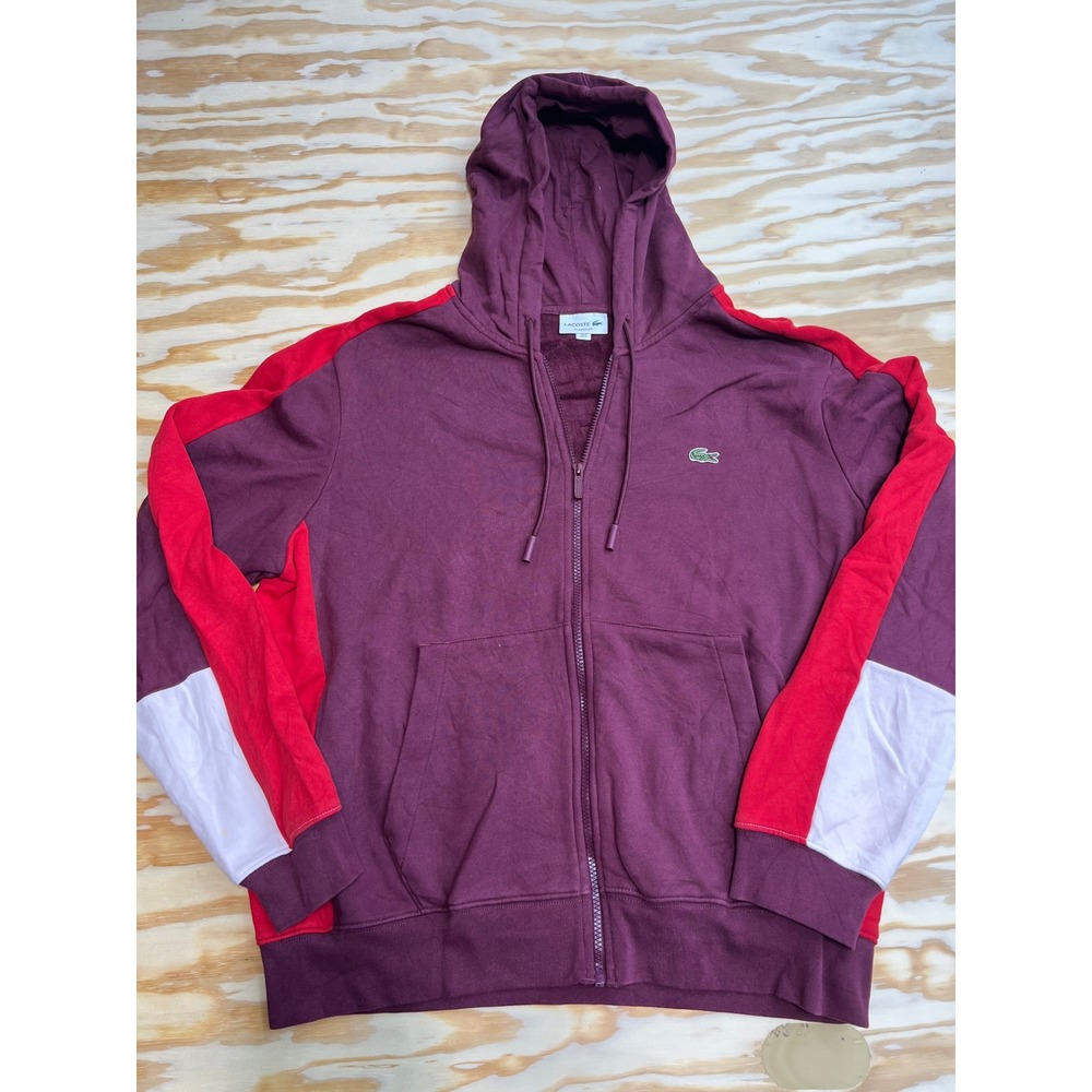 Lacoste Mens Classic Fit Colorblock Full Zip Hoodie Burgundy Red White US XL